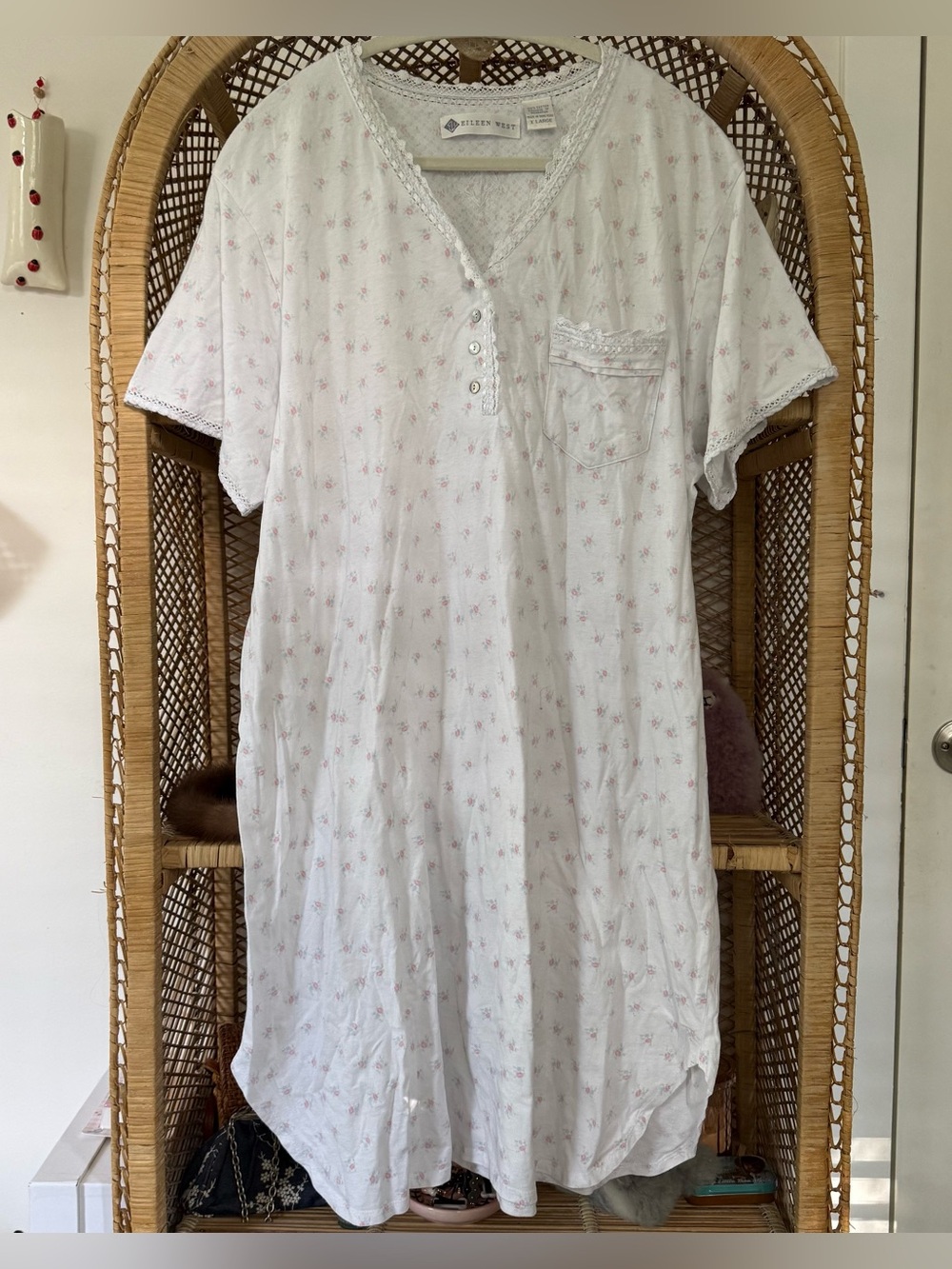 Vintage Eileen west dainty floral nightgown dress XL lace trim short sleeve